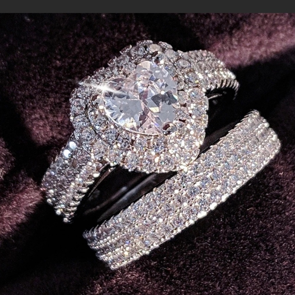 Sterling Silver .925 Heart Wedding Band Set